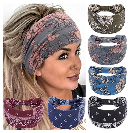 Headbands for Women, 6 PCS Wide Boho Headbands Elastic Bandana Non Slip Sweat Fashion Large Headwraps Hair Bands Headwear fit All Head Sizes for Workout, Sports, Running, Yoga (Set 2)