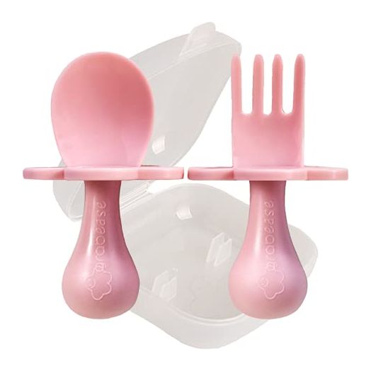 Grabease Baby and Toddler Self-Feeding Utensils – Spoon and Fork Set for Baby-Led Weaning – Made of Non-Toxic Plastic – Featuring Protective Barriers to Prevent Choking and Gagging