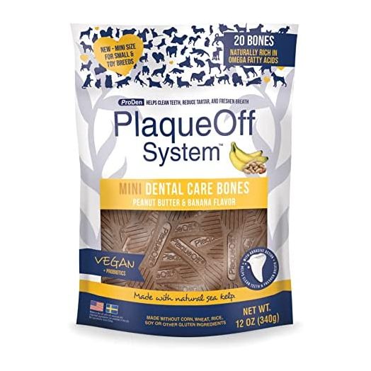 ProDen PlaqueOff System Mini Dental Care Bones for Dogs - Tartar & Plaque Control for Dog Teeth Cleaning - Dog Breath Freshener & Dental Care - Peanut Butter & Banana Flavor - 12 oz
