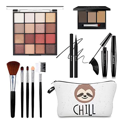 All in One Makeup Kit For Girls - 16 Colors Naked Eyeshadow Palette, 5Pcs Makeup Brushes, Waterproof Eyeliner Pencils, Eyebrow Powder, Mascara, Sloth Cosmetic Bag, Women and Teens Makeup Gift Set (16 Colors)