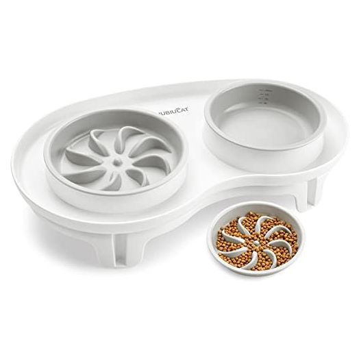 Elevated Cat Slow Feeder Bowl: Anti-Vomiting Bloat Stop Raised Food & Water Bowl for Kitten Healthy Eating - No-Spill/Non-Slip Shallow Puzzle Bowl for Puppy Small Dogs