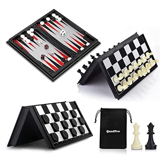 QuadPro 3 in 1 Magnetic Checkers Chess Backgammon Board Game Set with Folding Board Travel Games for Kids and Adults (Chess: Black & White)
