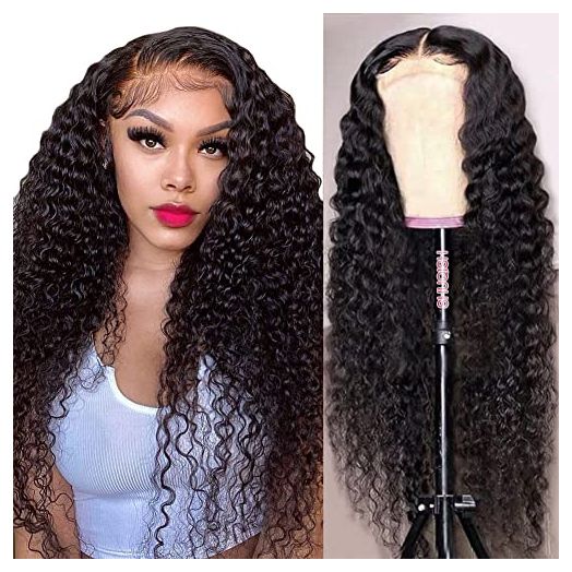 Deep Wave Lace Front Wigs Human Hair Wigs for Black Women 4x4 Lace Front Human Hair Wig Deep Curly Pre Plucked with Baby Hair 150% Density Brazilian Virgin Hair Natural Color (22 Inch)