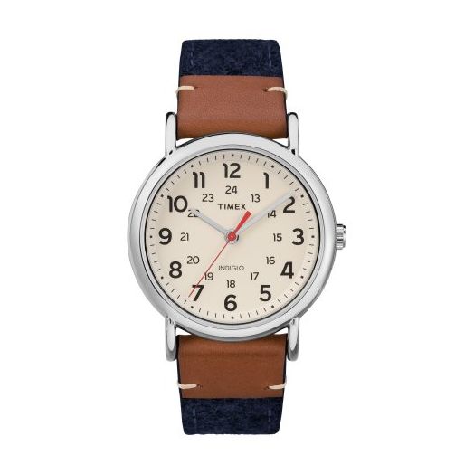 Timex Unisex TW2R42000 Weekender 38 Blue/Brown/Cream Fabric/Leather Strap Watch