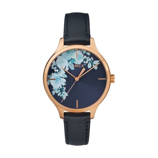 Timex Women's Crystal Bloom Blue/Rose Gold Floral Accent Watch, Leather Strap