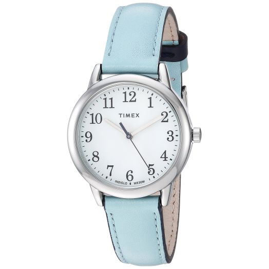 Timex Women's Easy Reader 30mm Watch – Silver-Tone Case White Dial with Light Blue Leather Strap