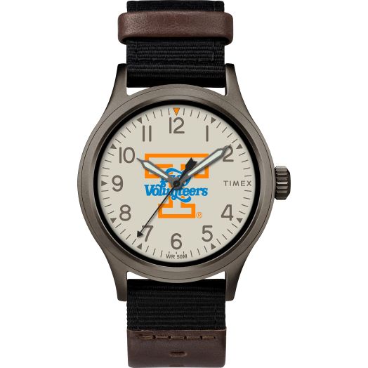 Timex Men's Collegiate Clutch 40mm Watch – Tennessee Lady Volunteers with Black Fabric & Brown Leather Strap