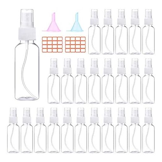 24 Pcs Spray Bottles 2oz / 55ml Clear Empty Mini Mister Spray Bottles Refillable Container Pocket Size Sprayer Set Essential Oils Travel Cleaning Solution Makeup Bottles with 2pcs Funnels 32pcs Labels