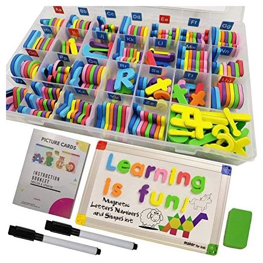 291Pcs ABC Magnets Board Magnetic Letters Numbers and Shapes Maker for Kids and Toddlers with Storage Double-Side Drawing Whiteboard Uppercase Lowercase Foam Alphabets Games Set