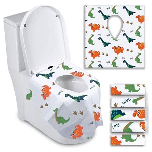 Disposable Toilet Seat Covers for Toddlers, Extra Large Individually Wrapped Dinosaur Paper Potty Training Liners for Kids, Portable, Flushable with Non-Slip Adhesives, Potty Shield, Airplane & Travel