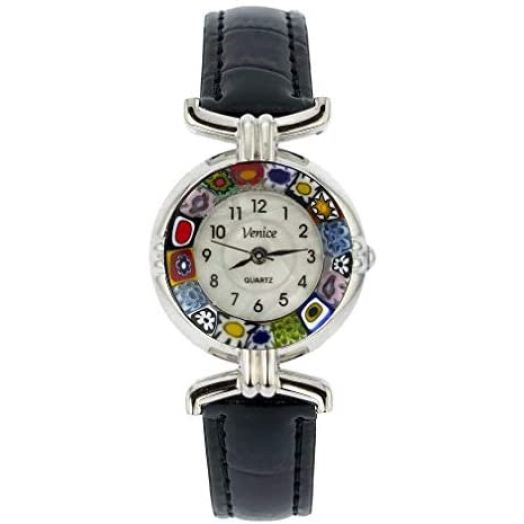 GlassOfVenice Murano Glass Millefiori Watch with Leather Band - Black Multicolor