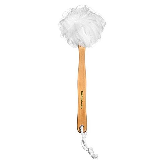 Shower Loofah on a Stick Body & Back Scrubber - Long Handled Mesh Bath Sponge Pouf Luffa Brush on a Stick with a Wood Handle for Men & Women - Easy Reach Body Wash & Lotion Applicator