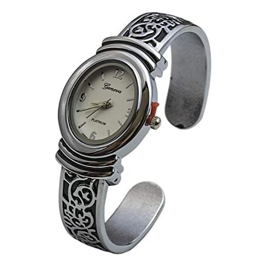 Geneva Womens Oxidized Scroll Design Hinged Fashion Cuff Watch White Dial W9132