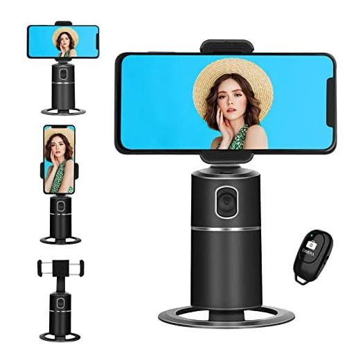Smart Face Tracking Phone Tripod Stand Desktop Phone Holder Track Camera Cradle Selfie Stick for iPhone Android Phone Stabilizer Shooting Live Streaming Video Chat Facetime with Remote Control(Black)