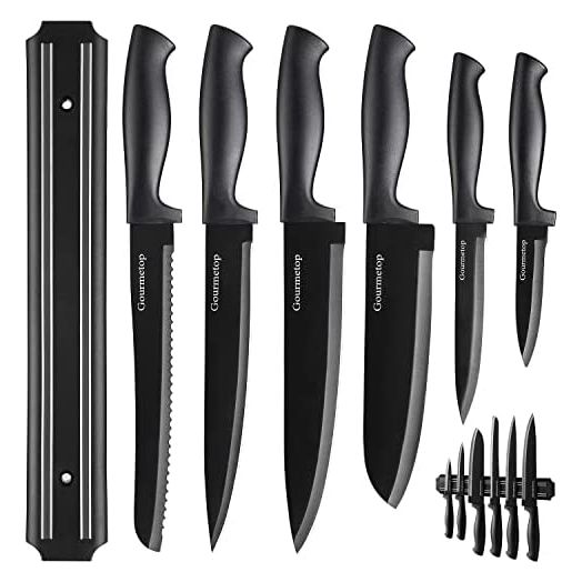Gourmetop Kitchen Knife Set with No Drilling Magnetic Strip, Knives Set for Kitchen Black Titanium Plated Cooking Knives