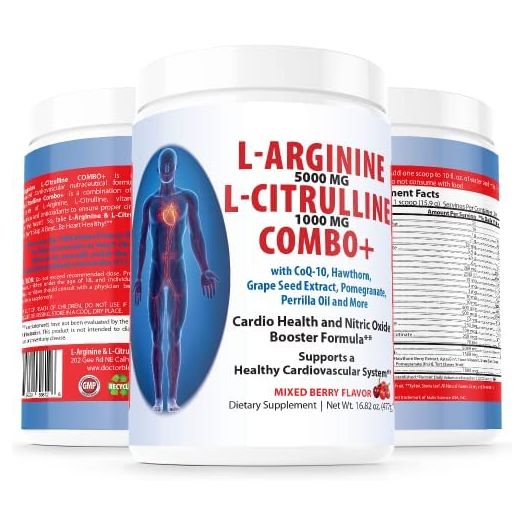 L-arginine 5000 mg and L-citrulline 1000 mg Combo, Nitric Oxide Supplement Complex, Cardio Heart Health Powder, Mixed Berry Flavor, 16.82 Oz..