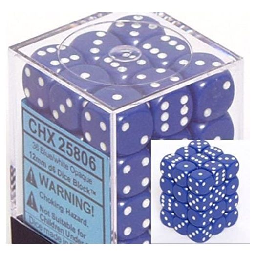 Chessex Dice D6 Sets: Opaque Blue with White, 12Mm Six Sided Die (36) Block of Dice