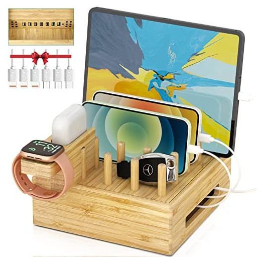 7 in 1 Bamboo Charging Station for Multiple Devices Apple - Darfoo Charging Dock with Watch-Earbud Stand and 6 Mixed Cables, Multiple USB Charger Station for Smartphone and Tablet