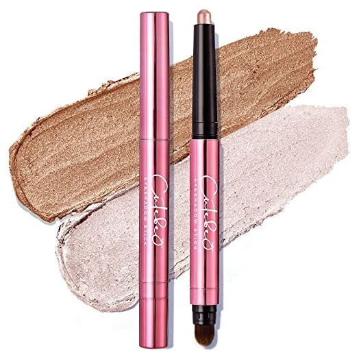CUTEBEY 2Pcs Eyeshadow Stick, Creme to Powder Eye Shadow Stick Waterproof & Long Lasting & No Greasy, Thrive Eyeshadow Stick Upgraded with Soft Brush and Rose Gold Tube