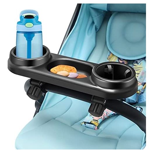 Piosoo Stroller Snack Tray with Cup Holder, Universal Stroller Snack Attachment, Upgraded Removable Non-Slip Grip Clip for Stroller Bar, Large Capacity