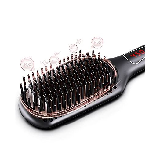 MEGAWISE Pro Ceramic Ionic Hair Straightener Brush for Home Salon | MCH Fast 20s Heating Tech with Auto-Off Safety | Anti-Scald with Universal Dual Voltage | Rotatable Power Cord