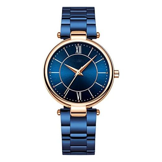 Women Quartz Ladies Dress Luxury Casual Sports Stainless Steel Bracelet Diamonds Watch (Blue)