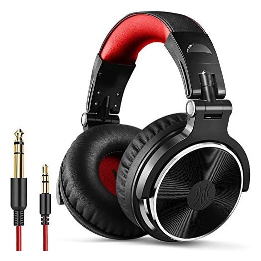 OneOdio Over Ear Headphone, Wired Bass Headsets with 50mm Driver, Foldable Lightweight Headphones with Shareport and Mic for Recording Monitoring Podcast Guitar PC TV - (Red)