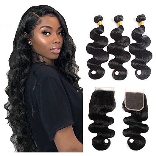Body Wave 3 Bundles with Closure 100% Unprocessed Brazilian Body Wave Human Hair Weave with 4x4 Free Part Lace Closure Natural Color (14 16 18+12,Bundles with Closure)