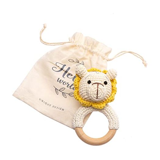 Wooden Baby Rattle Lovely Crochet Lion Ring Rattle & Teething Ring, Newborn Animal Rattle Toys, Baby Toys for Baby and Infant