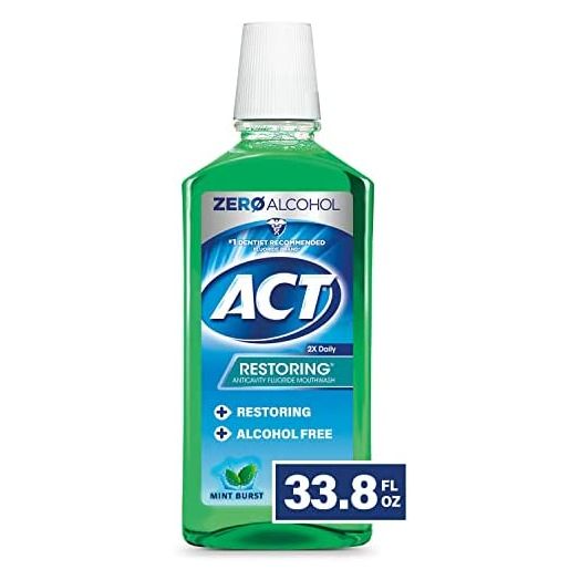 ACT Restoring Zero Alcohol Fluoride Mouthwash 33.8 fl. oz. Strengthens Tooth Enamel, Mint Burst