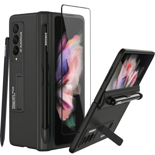 for Samsung Galaxy Z Fold 3 Case,Hinged Protective case with Pen Holder,with Screen Protector,Built-in Magnetic Stand,for Samsung Z Fold 3 5G (Black)