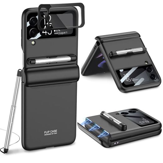 for Samsung Galaxy Z Flip 3 Case,with Stylus Fashion Business Phone case,with Hinge Protection Device and Camera Screen Protector,Case for Samsung Z Flip 3 5G(Black)
