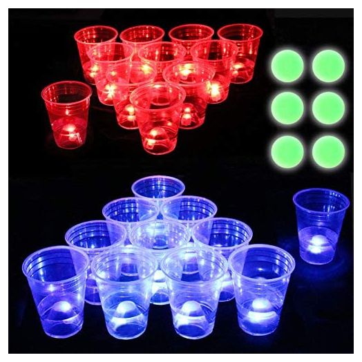 Six Senses Media The Dark Beer Pong Set, Beer Pong Party Cup Set, LED Beer Pong Cups and Glow-in-The-Dark