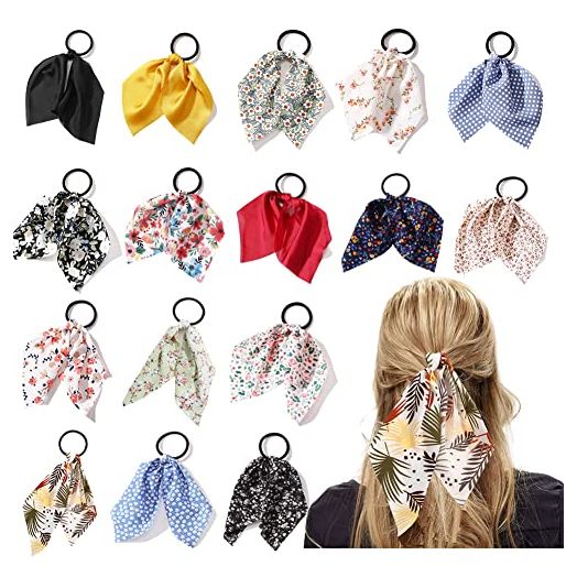 Hair Accessories with Bow 16 Style Hair Ties 2 in 1 Seamless Elastic Hair Rubber Bands Elastic Floral Ribbon Hair Scrunchie for Women's Ponytail Holders Girls(16PCS-01)