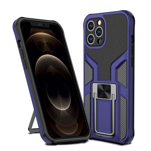 Shockproof iPhone 12 Pro Max Case, [3 Stand Ways] [Matte Carbon Fiber Back & Soft Silicone Bumper], Slim Fit Non-Slip iPhone 12 Pro Max Case 6.7 Inch with Invisible Metal Kickstand, Blue