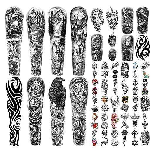 SOOVSY 46 Sheets Full Arm Temporary Tattoo for Men with Lion Deer Eagle Flame Totem Boat Flower, Half Arm Temporary Tattoo for Women with Wolf Lion Flame Totem Daisy, Fake Tattoos Aldult
