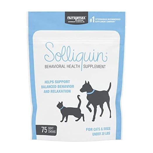 Nutramax Solliquin Calming Behavioral Health Supplement for Small to Medium Dogs and Cats - With L-Theanine, Magnolia / Phellodendron, and Whey Protein Concentrate, 75 Soft Chews
