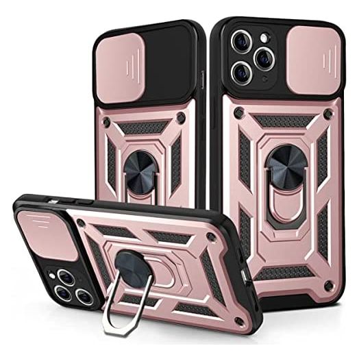 Hitaoyou iPhone 12 Pro Max Case with Camera Cover & Kickstand, Slide Lens Protection + 360° Rotate Ring Stand, Impact-Resistant, Shockproof, Protective Bumper,Covers for iPhone 12 pro max 6.7, Pink