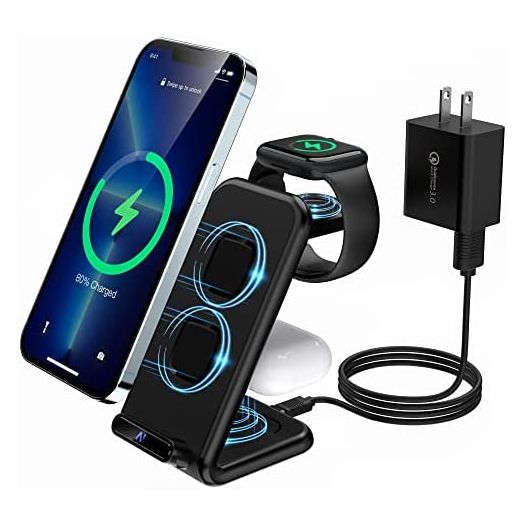 3 in 1 Wireless Charging Station [Dual Coil Stand],Fast Wireless Charger Stand Dock for Apple Watch 1-7, AirPods Airpods 1-3/Pro, iPhone 13/12/11/Pro/Max/X/Xs/XR/ 8/8 Plus, Qi-Enabled Android Phones
