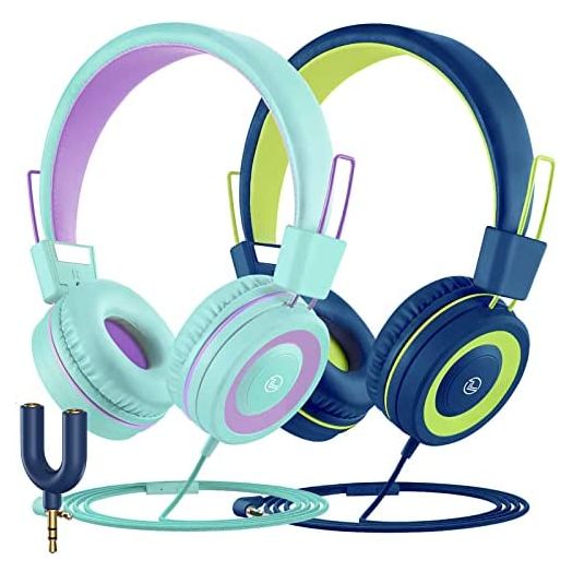 Kids Headphones with Microphones, VotYoung Wired Kids Headsets with 91dB Volume Limit & Share Splitter for Kids Girls Boys, HD Stereo Sounds On Ear Headset for iPad/Fire Tablet/Travel(2-Pack)