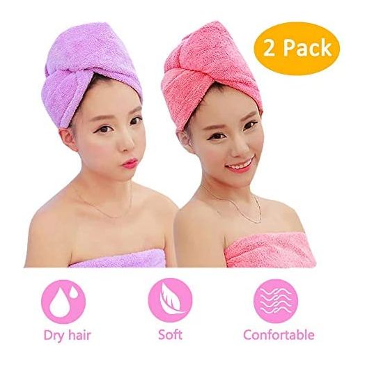 Microfiber Hair Towel, 2 Pack Dry Hair Towel Twist Wrap Absorbent Quickly Dry Hair Towel for Kids and Women (Pink+Purple)