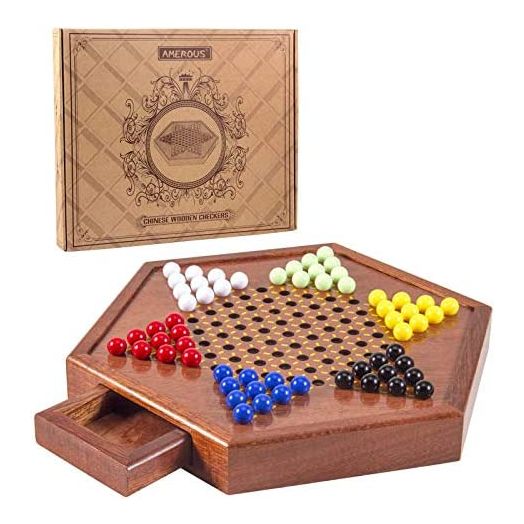 AMEROUS 12.5 inches Wooden Chinese Checkers Set with Storage Drawer, 60 Acrylic Marbles in 6 Colors, 12 Spare Marbles