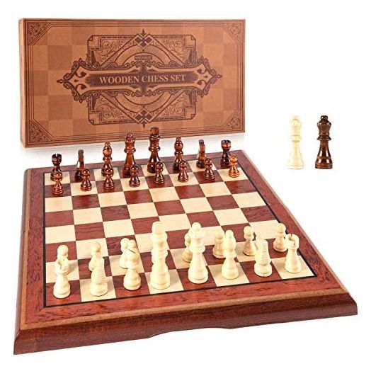 AMEROUS 15'' Magnetic Wooden Chess Set, Folding Board with 2 Extra Queens