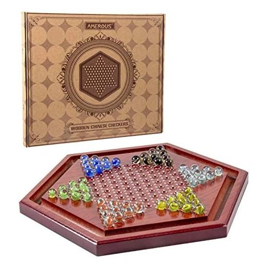 AMEROUS 13.6 inches Wooden Chinese Checkers Board Game Set with 60 Colorful Glass Marbles, Classic Strategy Game for Kids, Adults