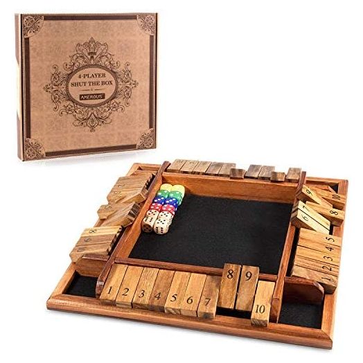AMEROUS Shut The Box Dice Game, Wooden Board Math Game with 12 Dice