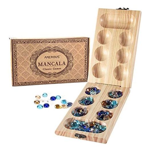 AMEROUS Wooden Mancala Board Game Set, Folding Board, 72+8 Multi Color Glass Stones, Mancale Instructions