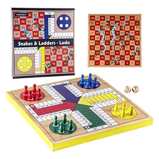 AMEROUS 12 Inches Wooden Ludo Board Game, Snakes and Ladders, 2 in 1