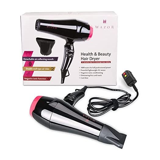 Wazor Ionic Lightweight Hair Dryer 1875W Ceramic Powerful Blow Dryer Pro AC Motor for Quick Drying, 2 Speed / 3 Heat Settings, Concentrator