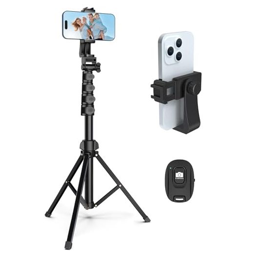 64” Tripod for Cell Phone & Camera, Phone Tripod with Remote and Phone Holder, Portable Tripod for iPhone, Phone Tripod for Video Recording, Cell Phone Tripod Mount Stand for Cellphone