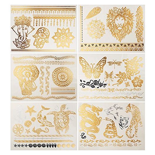 6 Pieces Flash Metallic Gold Temporary Tattoo Sticker Body Art Jewelry Decal Elephant Dragon Tiger